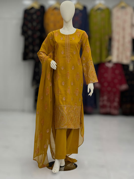 Embroidered Yellow CHL-85A | 3 Piece | Stitched