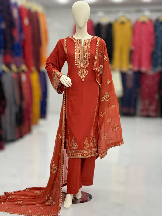 Golden Threads Rust Karandi 89-A | Stitched | 3 Piece