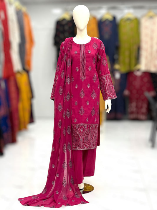 Embroidered Pink CHL-85B | 3 Piece | Stitched