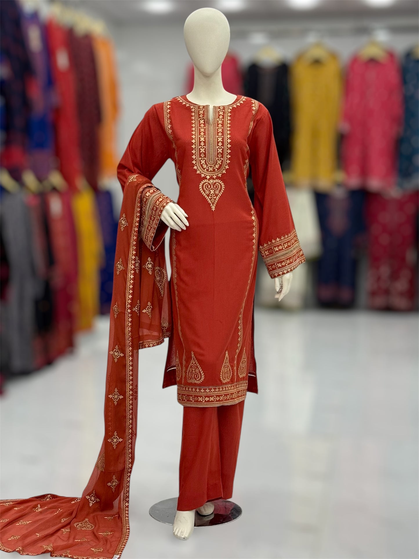 Golden Threads Rust Karandi 89-A | Stitched | 3 Piece