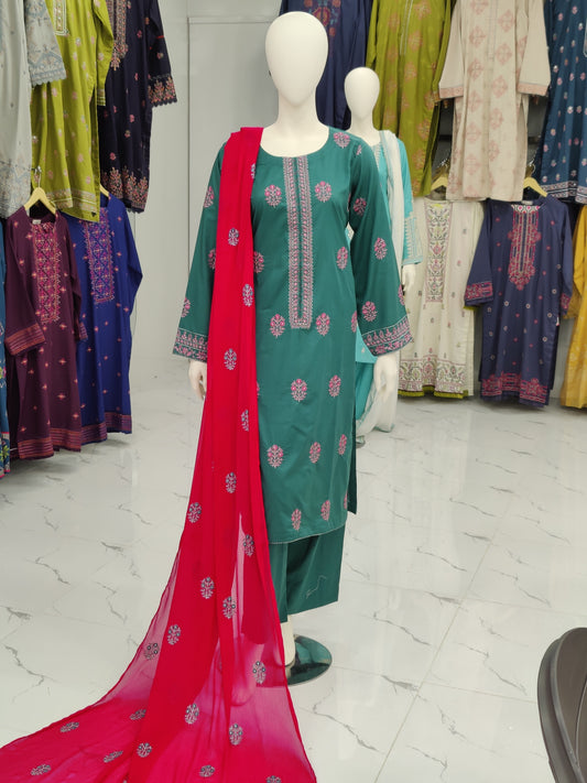 Sea Green Embroidered Shirt with Shocking Pink Dupatta | Stitched | 3Pcs