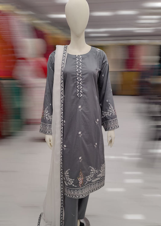Grey Embroidered Shirt | White Contrast Dupatta | Stitched 3 Piece | Volume 1