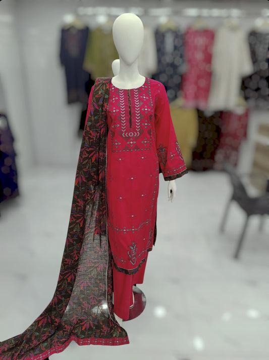 Embroidered Pink Lawn Shirt | Printed Tarkashi Lawn Dupatta | Stitched | 3 Piece
