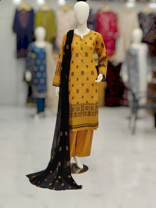 Yellow Embroidered Shirt RC43V32 | Black Chiffon Dupatta | Stitched | 3 Piece