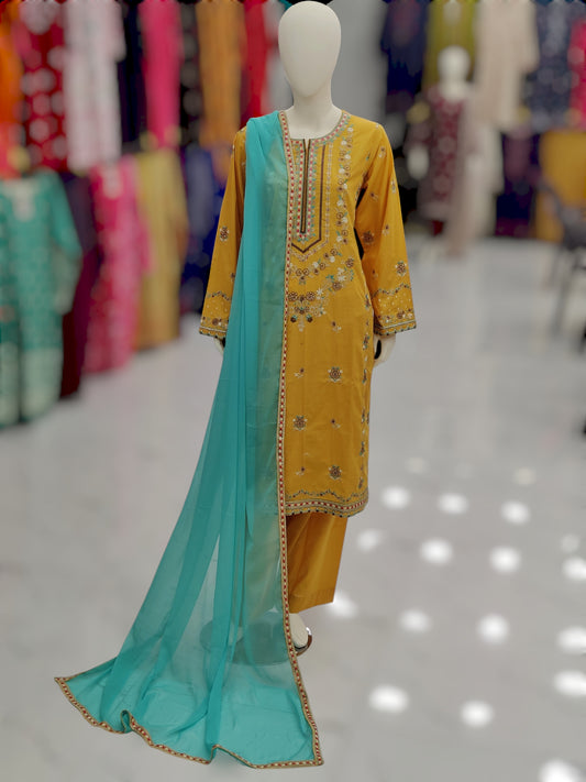 Yellow Embroidered Shirt RC463-B | Sea-Green Chiffon Dupatta | Stitched | 3 Piece | Volume 4