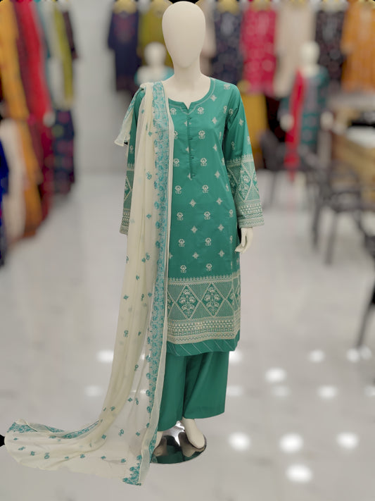 Light Sea Green Embroidered Shirt | Embroidered Cream Chiffon Dupatta | Stitched | 3 Piece