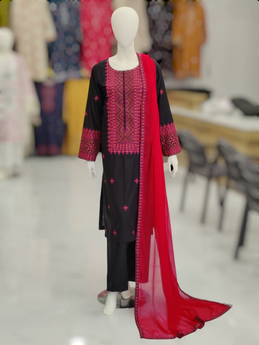 Embroidered Black Shirt 3 Piece | Chiffon Bordered Dupatta | Stitched