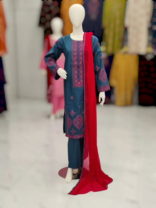 Embroidered Zinc Shirt 3 Piece V1434 | Chiffon Bordered Dupatta | Stitched