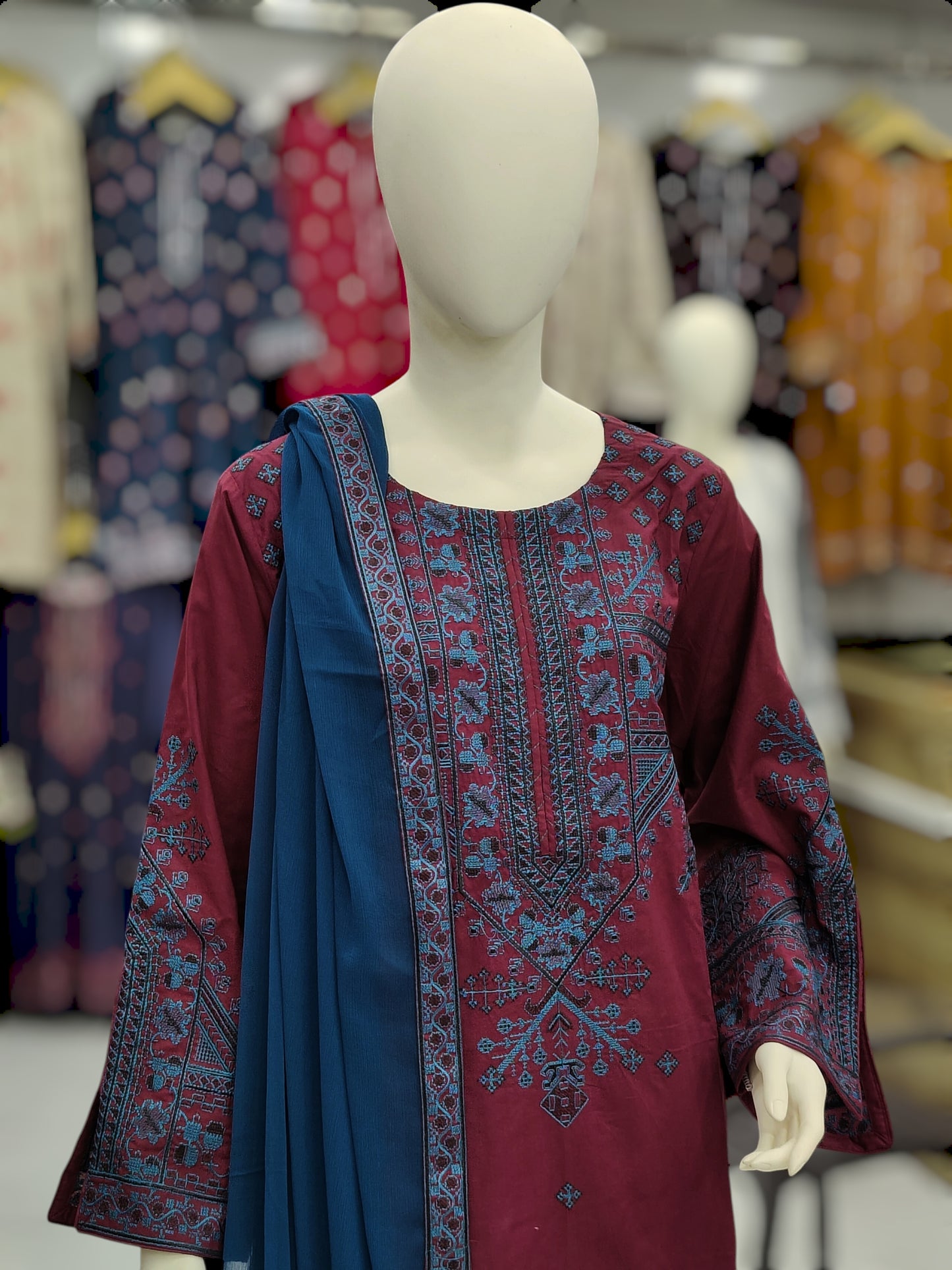 Embroidered Cross-stitch Maron RC43V11A | Dark Zinc Chiffon Dupatta | Stitched | 3 Piece