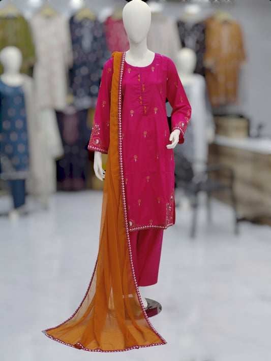 Pink Embroidered Shirt Black Dupatta | Stitched | 3 Piece