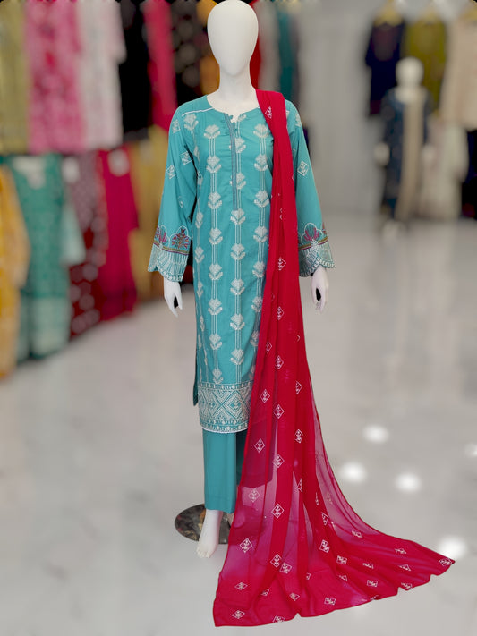 Embroidered Sky Blue RC43V3 | Shocking Pink Dupatta | Stitched | 3 Piece