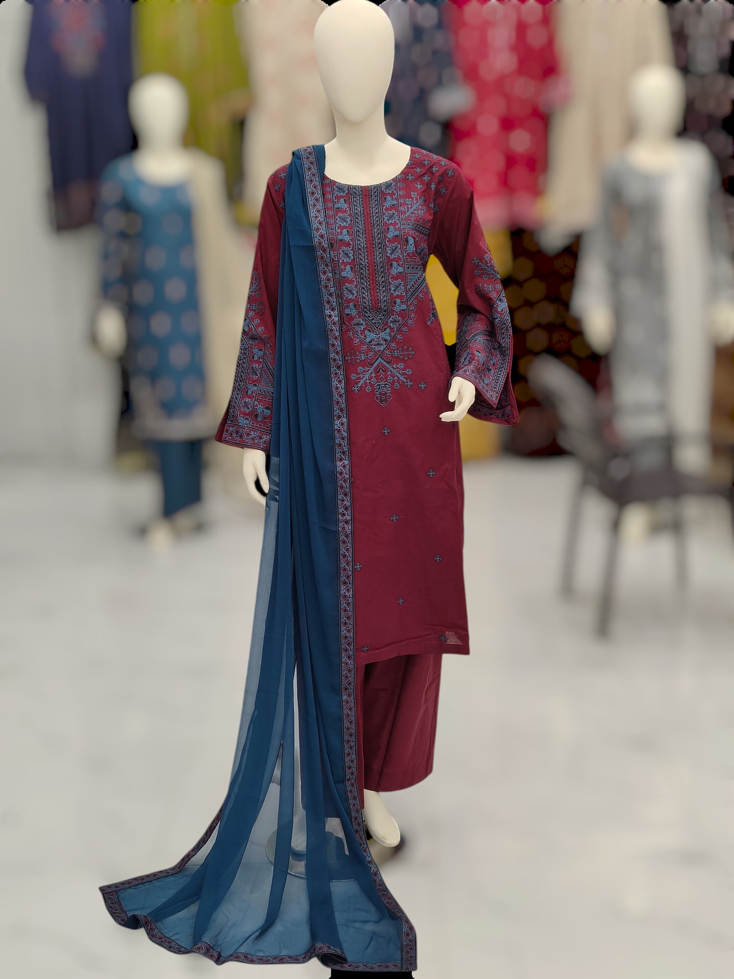 Embroidered Cross-stitch Maron RC43V11A | Dark Zinc Chiffon Dupatta | Stitched | 3 Piece