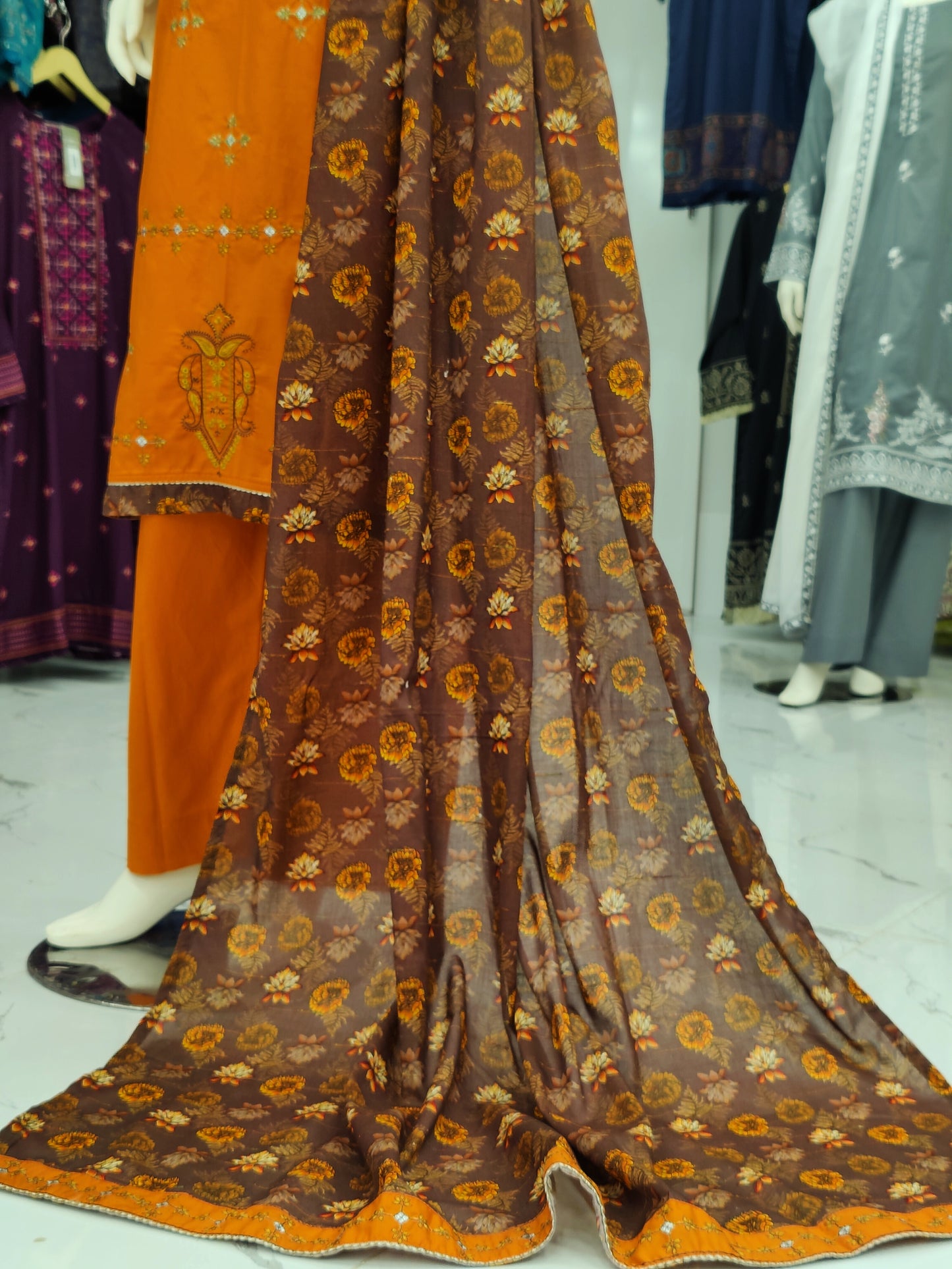 Embroidered Orange Lawn Shirt | Printed Tarkashi Lawn Dupatta | Stitched | 3 Piece