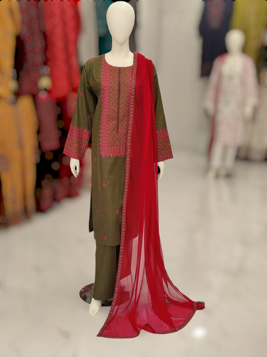 Embroidered Mehendi Shirt 3 Piece | Chiffon Bordered Dupatta | Stitched