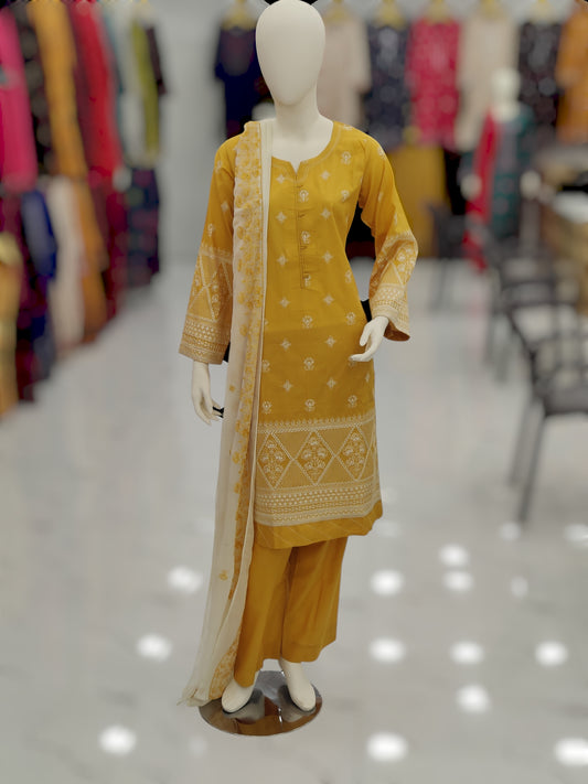 Embroidered Yellow Shirt | Embroidered Cream Dupatta | Stitched | 3 Piece