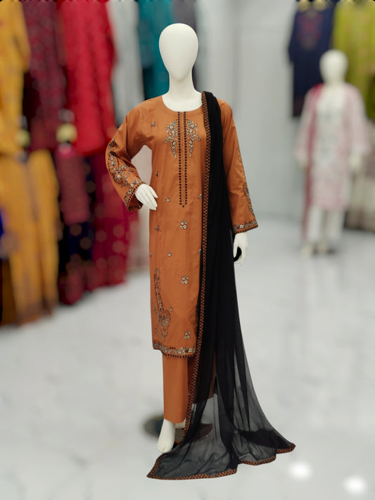Embroidered Orange Shirt 3 Piece | Chiffon Bordered Dupatta | Stitched