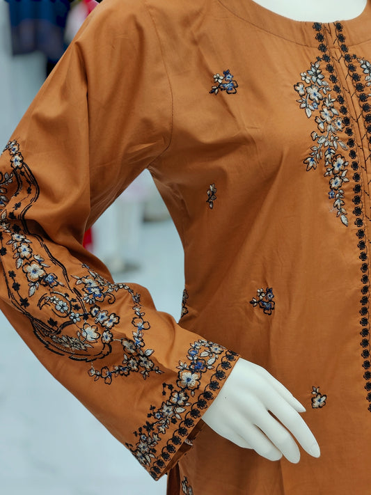 Embroidered Orange Shirt 3 Piece | Chiffon Bordered Dupatta | Stitched