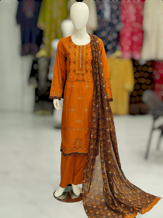 Embroidered Orange Lawn Shirt | Printed Tarkashi Lawn Dupatta | Stitched | 3 Piece