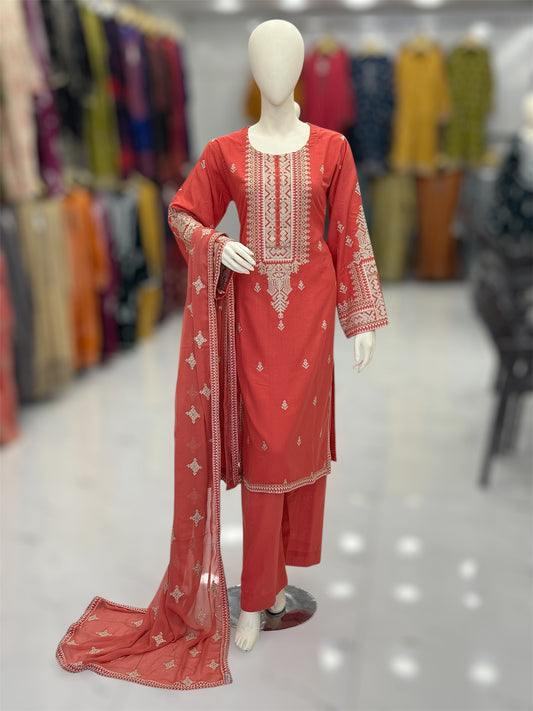 Geomatric Orange 89-A | Stitched | 3 Piece