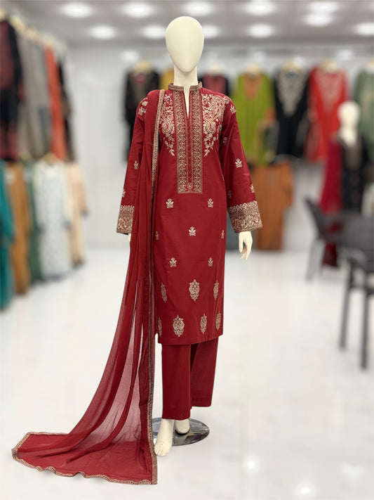 The Ethnic Maroon&Gold 93-F | Khaddar | Stitched