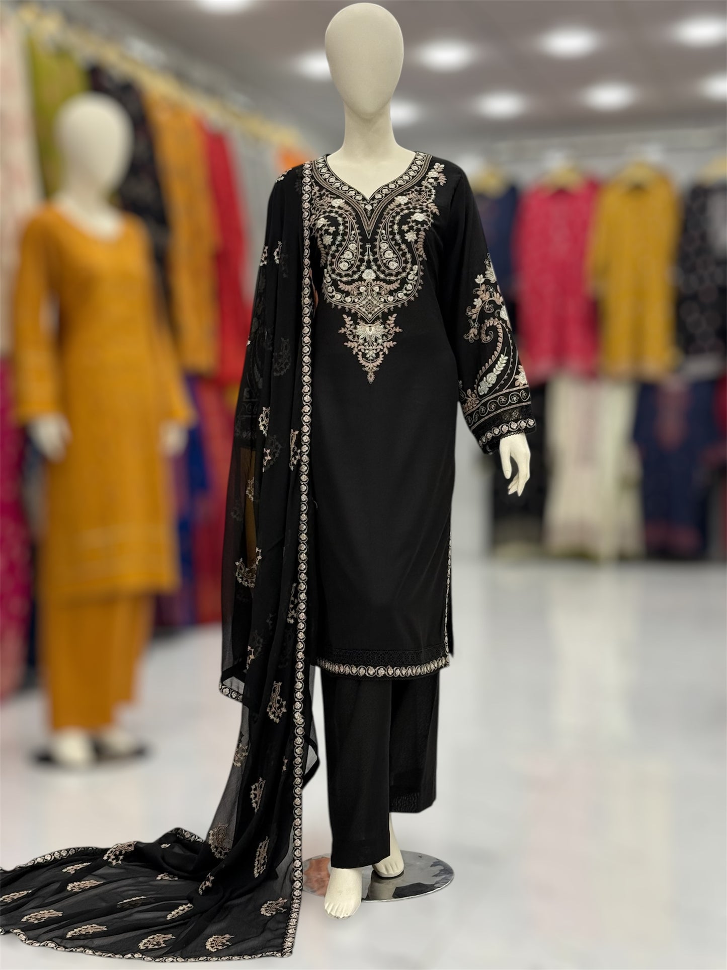 Black Embroidered Karandi M-90 | Stitched | 3 Piece