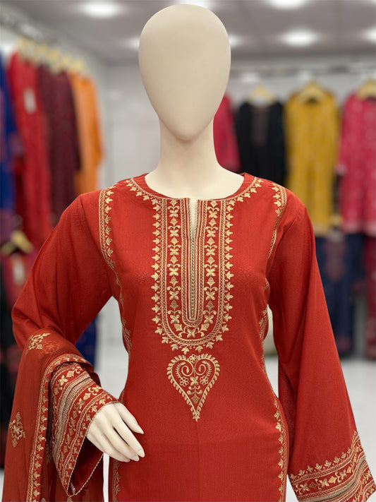 Golden Threads Rust Karandi 89-A | Stitched | 3 Piece