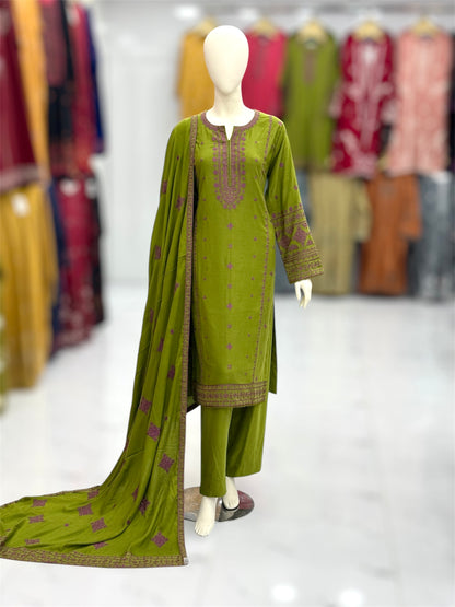 Olive Midst Leather Peach 203-A | Stitched | 3 Piece