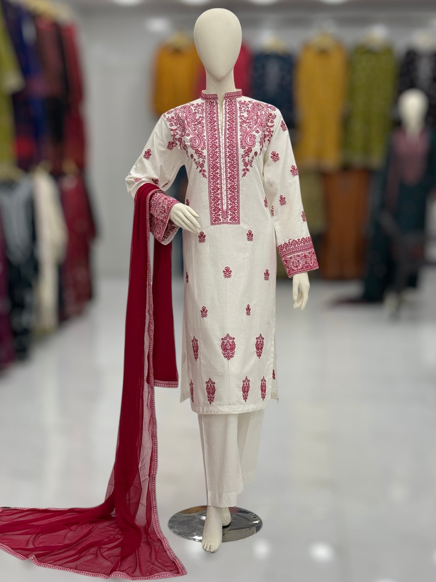 The Ethnic White&Pink 93-D | Khaddar | Stitched
