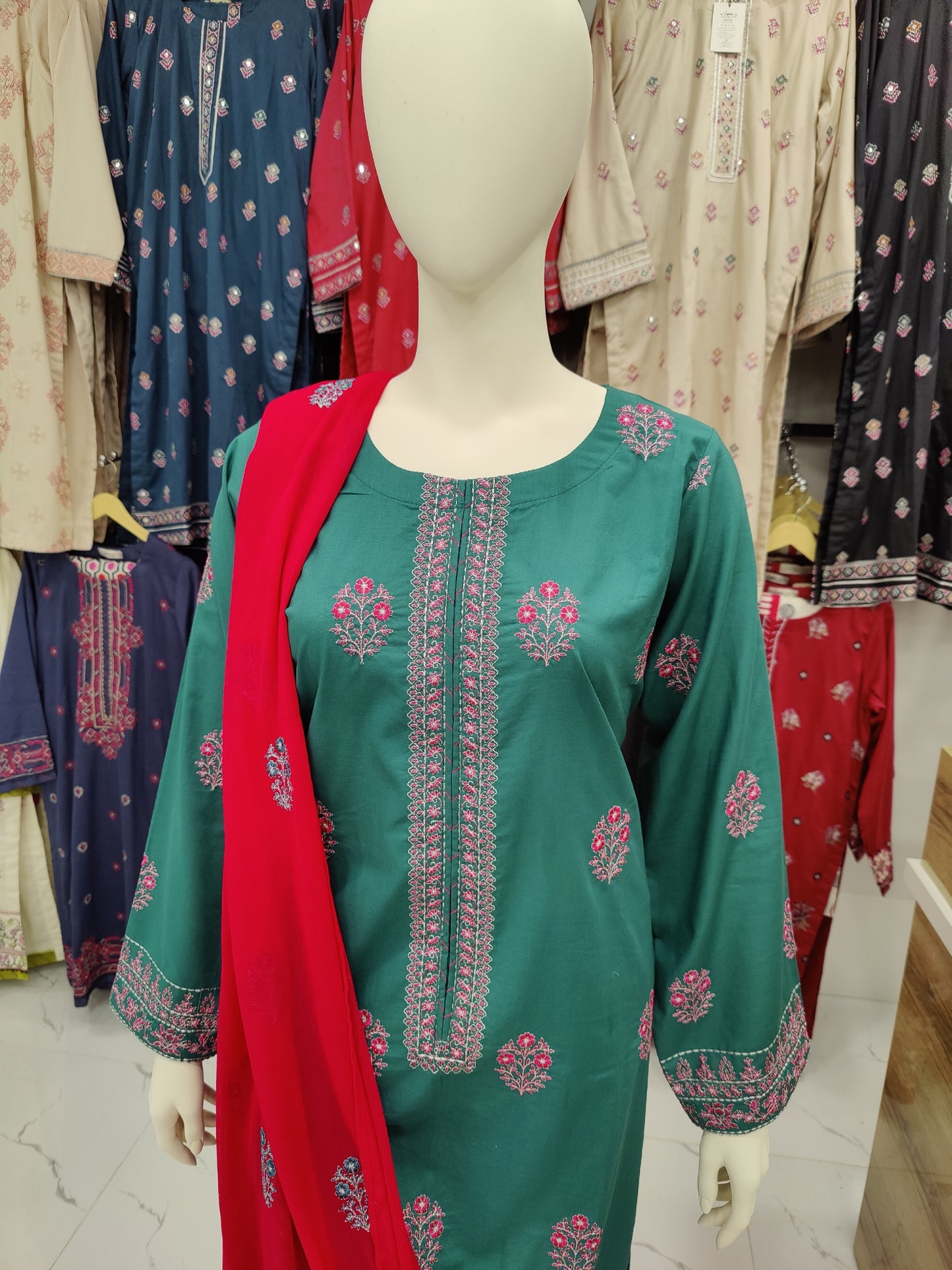 Sea Green Embroidered Shirt with Shocking Pink Dupatta | Stitched | 3Pcs