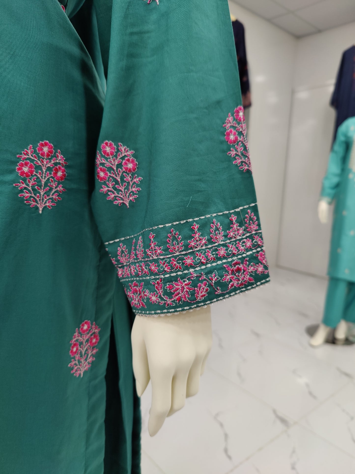 Sea Green Embroidered Shirt with Shocking Pink Dupatta | Stitched | 3Pcs