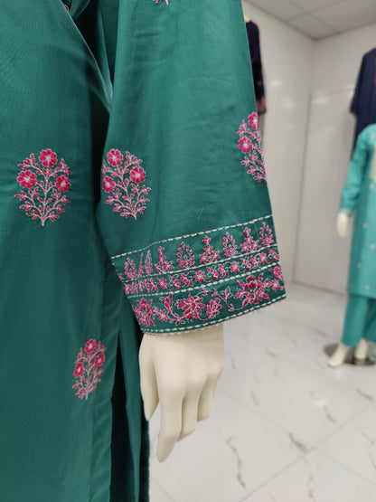 Sea Green Embroidered Shirt with Shocking Pink Dupatta | Stitched | 3Pcs
