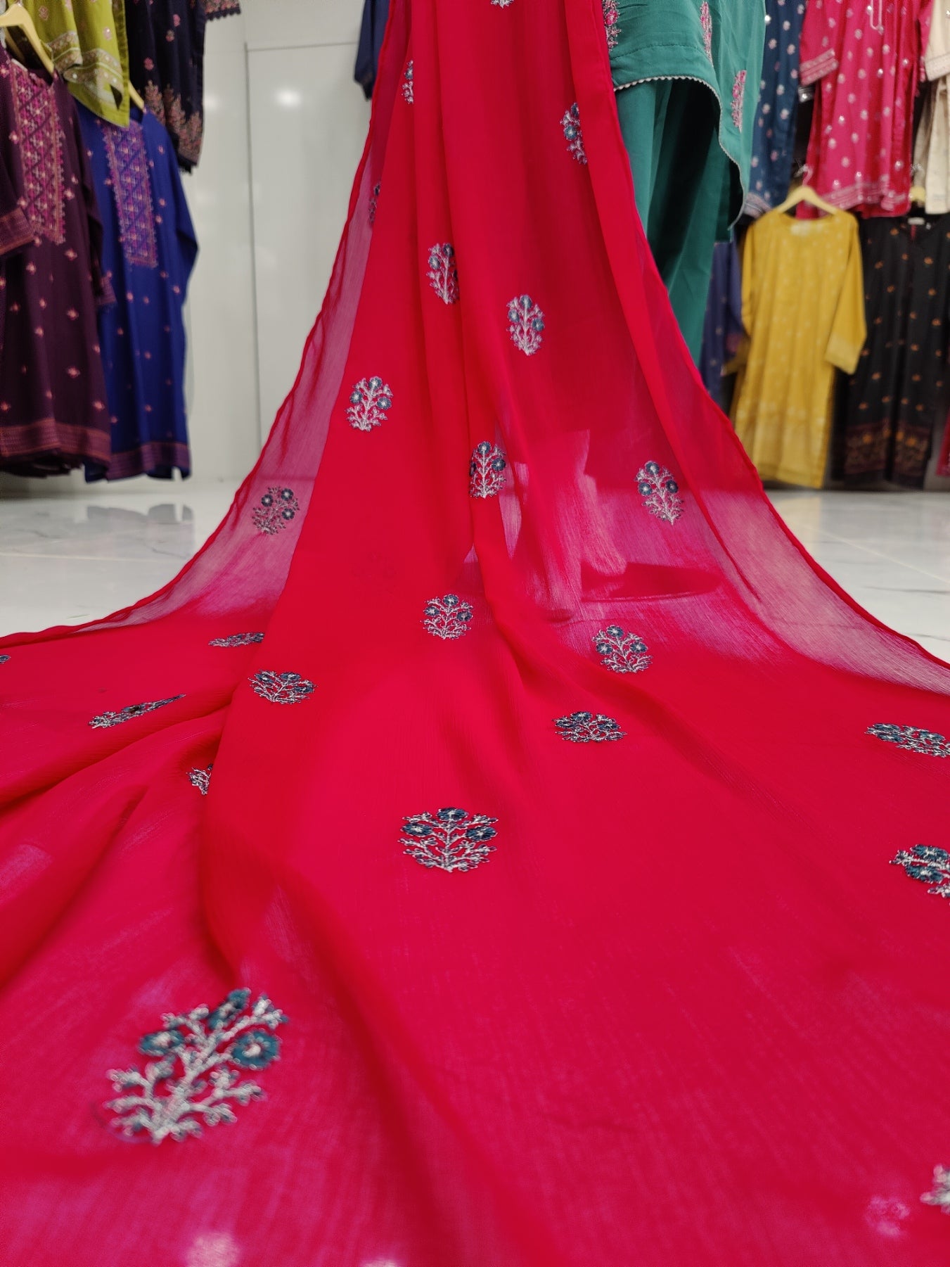Sea Green Embroidered Shirt with Shocking Pink Dupatta | Stitched | 3Pcs