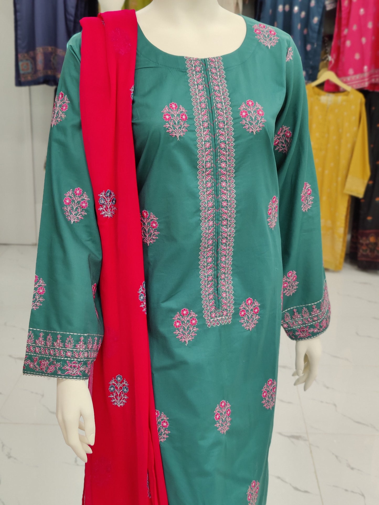 Sea Green Embroidered Shirt with Shocking Pink Dupatta | Stitched | 3Pcs