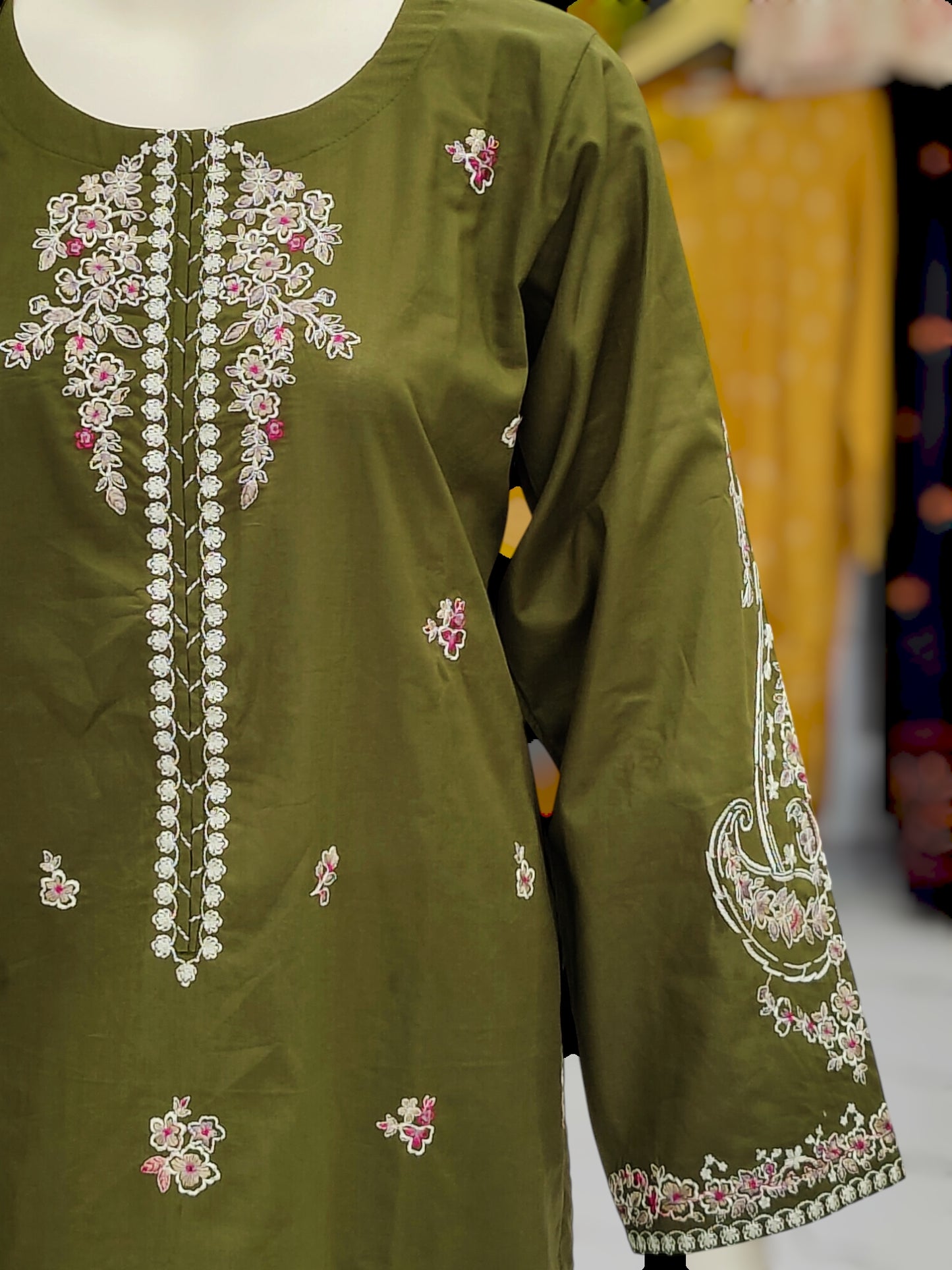 Embroidered Mehendi Shirt 3 Piece | Chiffon Bordered Dupatta | Stitched