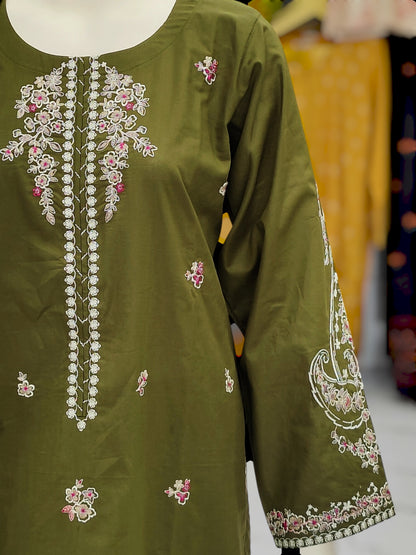 Embroidered Mehendi Shirt 3 Piece | Chiffon Bordered Dupatta | Stitched