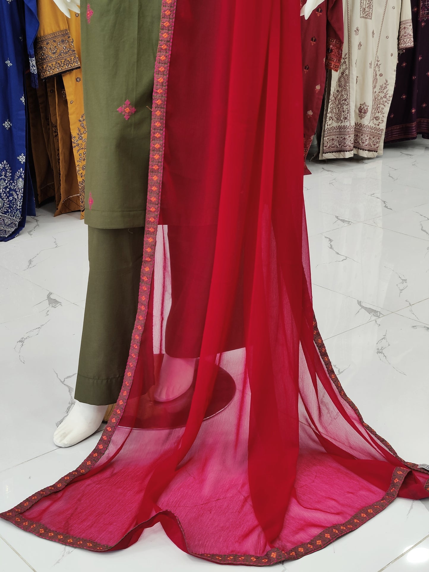 Embroidered Mehendi Shirt 3 Piece | Chiffon Bordered Dupatta | Stitched