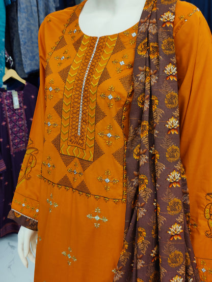 Embroidered Orange Lawn Shirt | Printed Tarkashi Lawn Dupatta | Stitched | 3 Piece