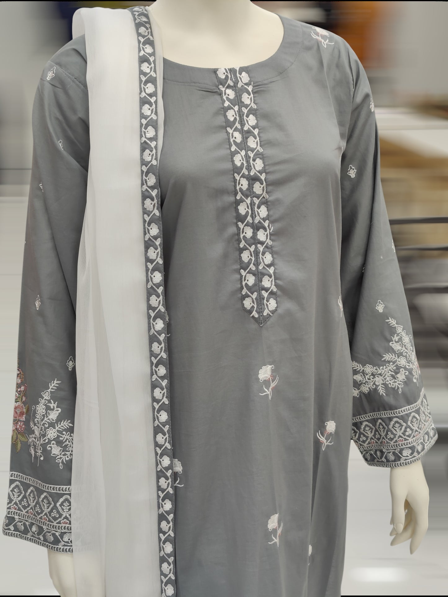Grey Embroidered Shirt | White Contrast Dupatta | Stitched 3 Piece | Volume 1