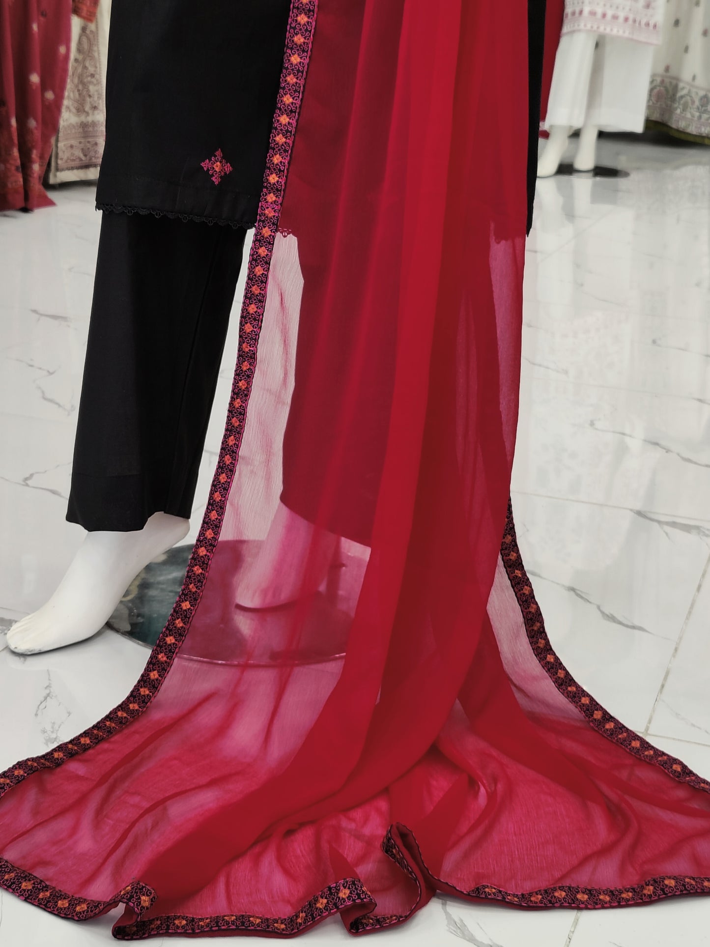 Embroidered Black Shirt 3 Piece | Chiffon Bordered Dupatta | Stitched