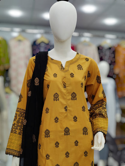 Yellow Embroidered Shirt RC43V32 | Black Chiffon Dupatta | Stitched | 3 Piece