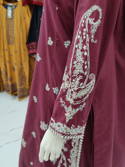 Maron Embroided Shirt | Light Brown Chiffon Dupatta |Stitched | 3 Piece
