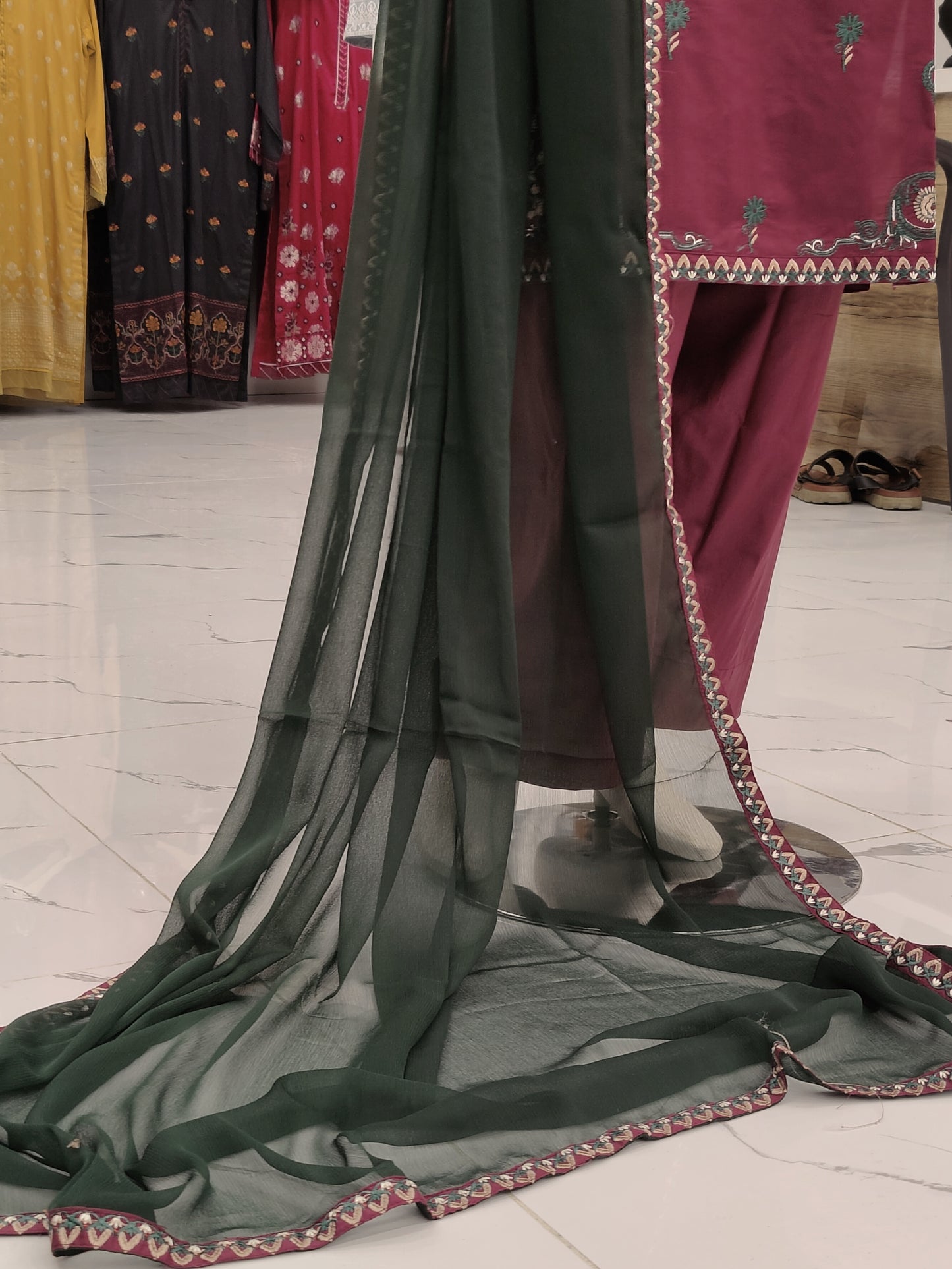 Dark Maroon Embroidered | dark Green Chiffon Dupatta | Stitched | 3 Piece