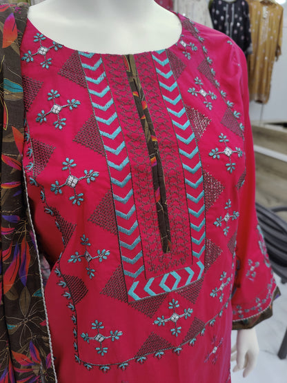 Embroidered Pink Lawn Shirt | Printed Tarkashi Lawn Dupatta | Stitched | 3 Piece