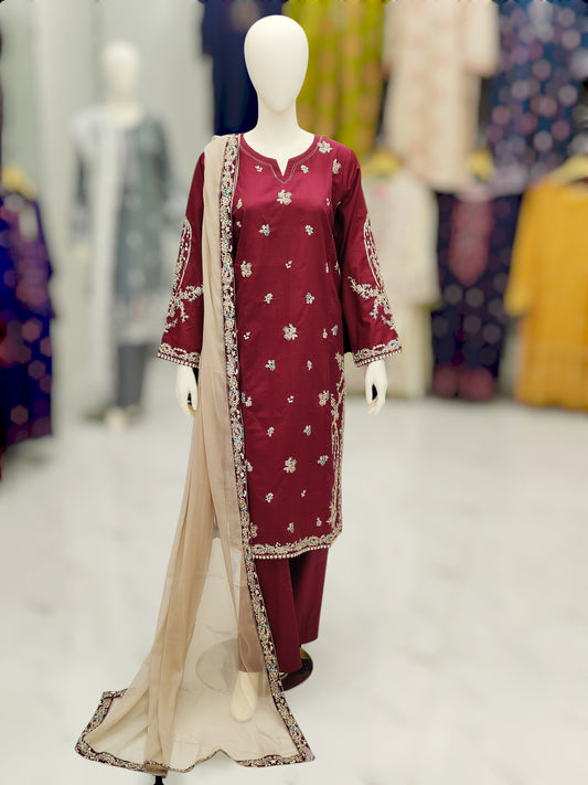 Maron Embroided Shirt | Light Brown Chiffon Dupatta |Stitched | 3 Piece