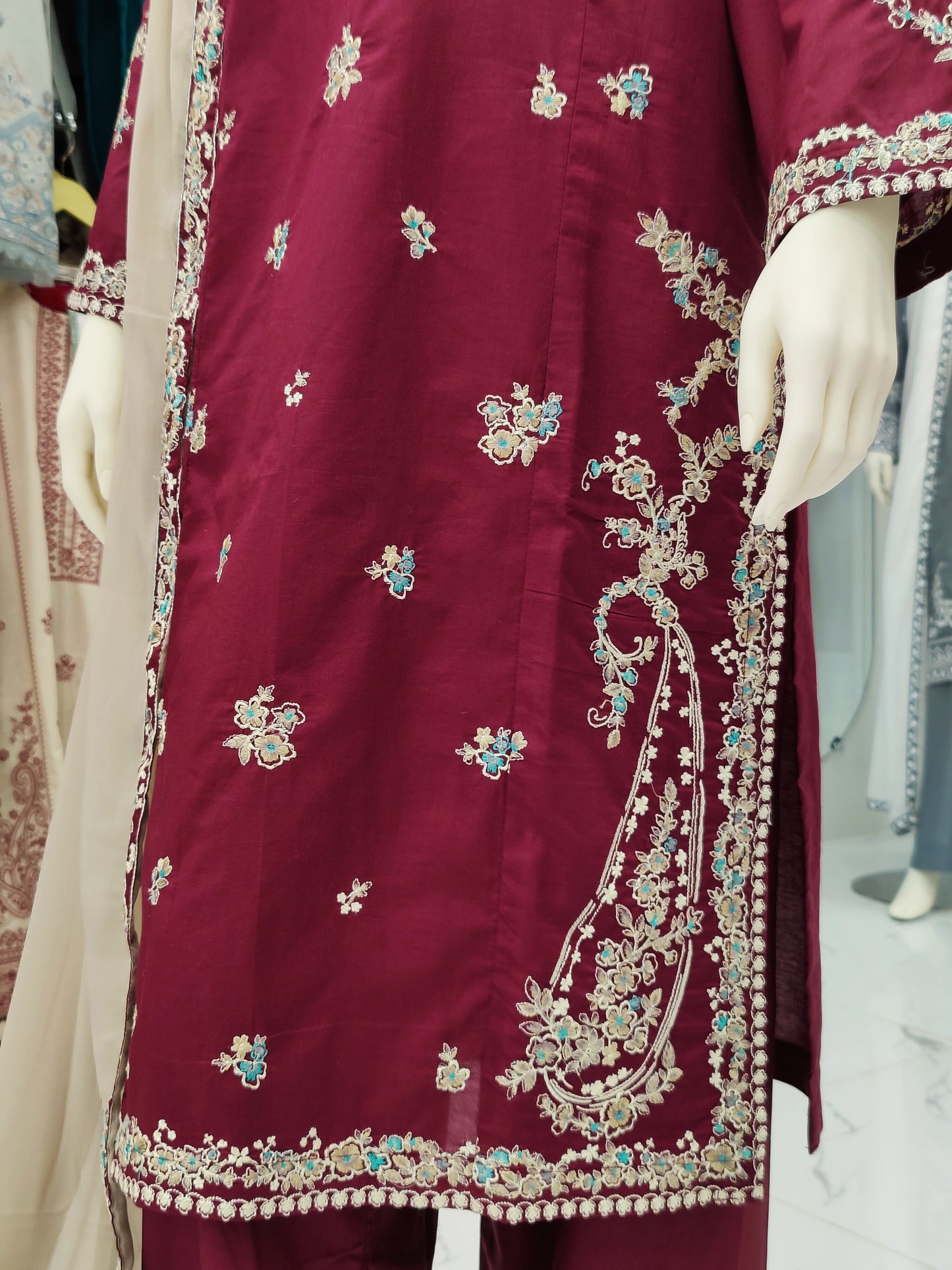 Maron Embroided Shirt | Light Brown Chiffon Dupatta |Stitched | 3 Piece