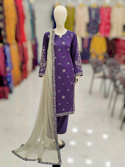 Purple Embroided Shirt | Light Gray Chiffon Dupatta |Stitched | 3 Piece