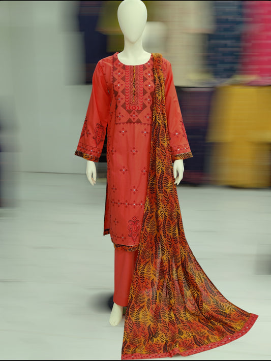 Embroidered Orange Lawn Shirt | Printed Tarkashi Lawn Dupatta | Stitched | 3 Piece