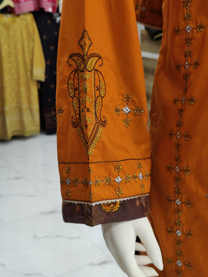 Embroidered Orange Lawn Shirt | Printed Tarkashi Lawn Dupatta | Stitched | 3 Piece