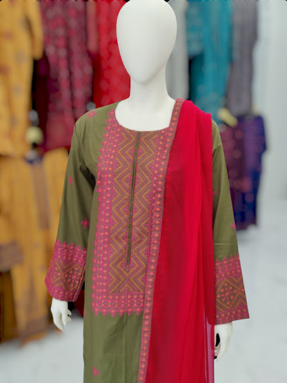 Embroidered Mehendi Shirt 3 Piece | Chiffon Bordered Dupatta | Stitched