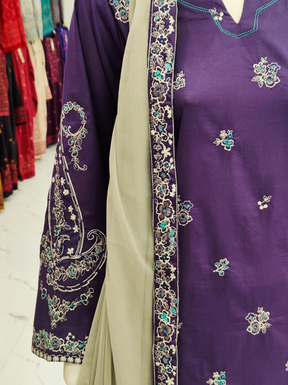Purple Embroided Shirt | Light Gray Chiffon Dupatta |Stitched | 3 Piece